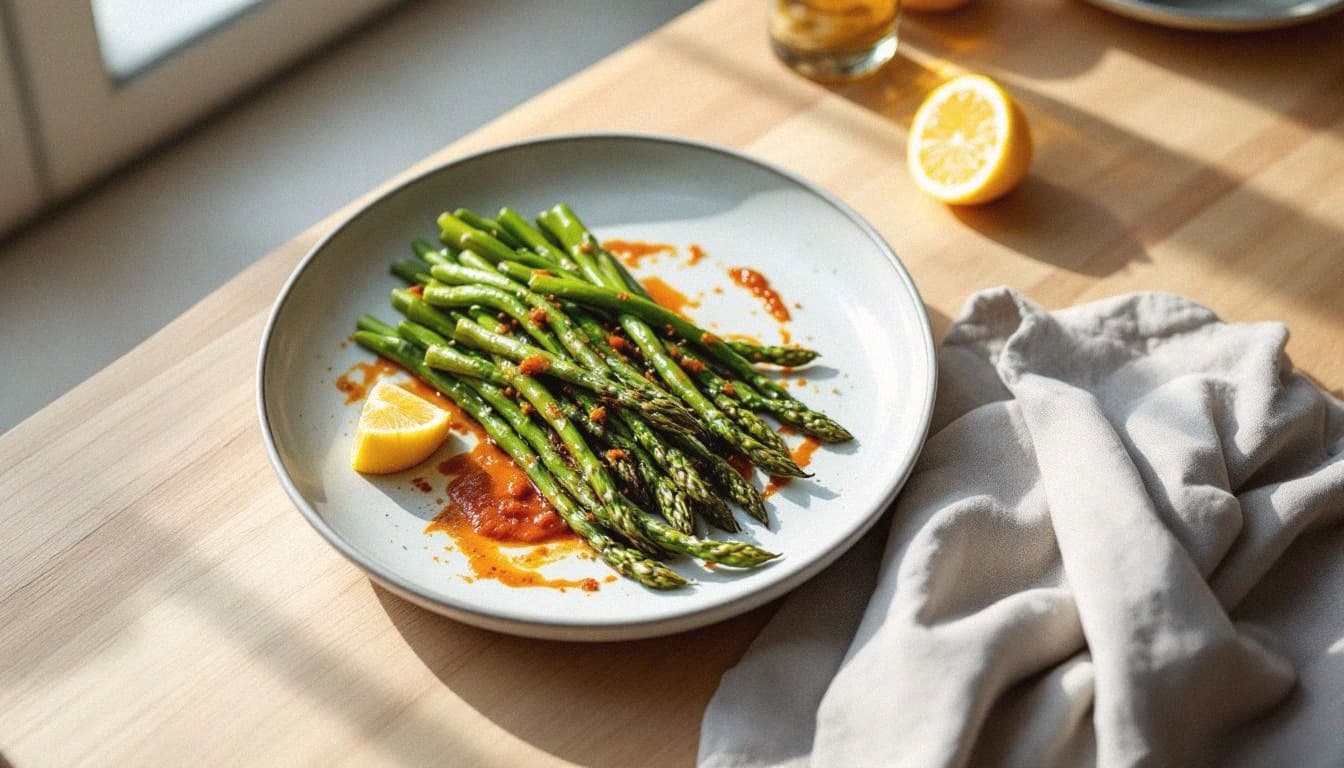 Argan Oil Confit Asparagus with Harissa and Preserved Lemon