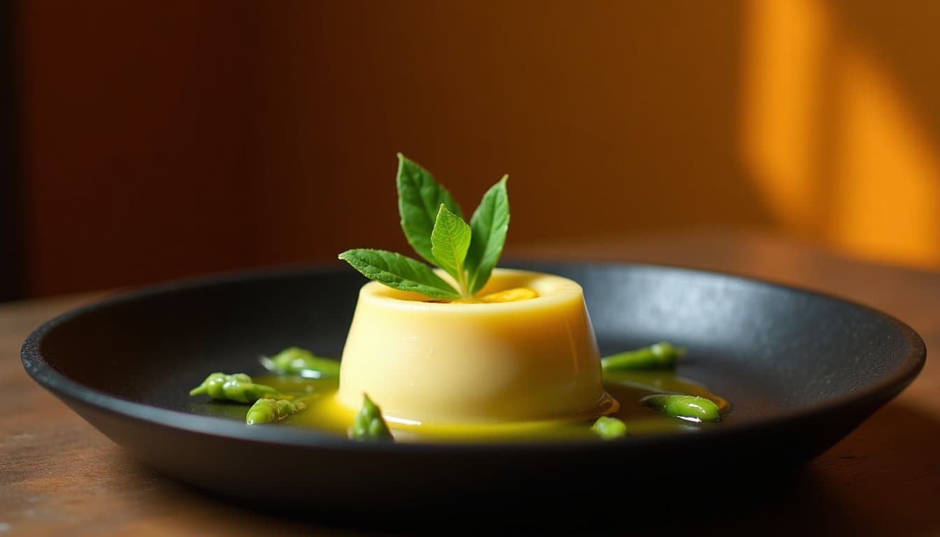 Asparagus Lemon Panna Cotta with Spring Pea Granita and Elderflower