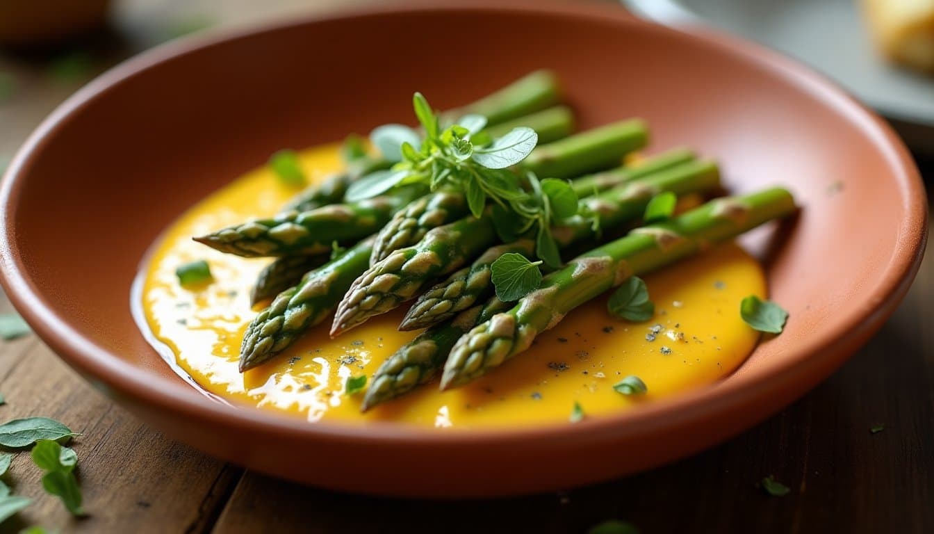Asparagus-Sherry Vinegar Beurre Blanc with Poached Morel Mushrooms