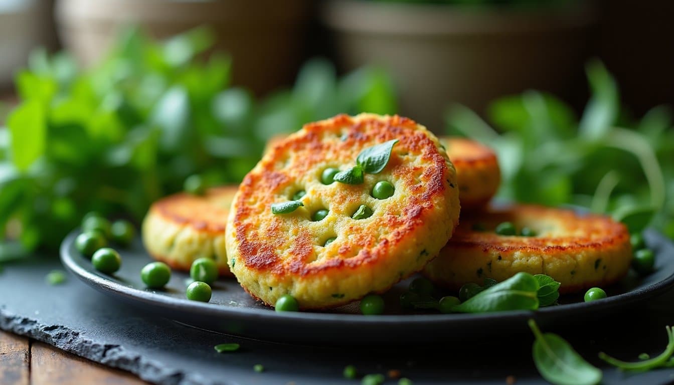 Crispy Spring Pea and Feta Fritters with Whipped Labneh and Burnt Mint Oil