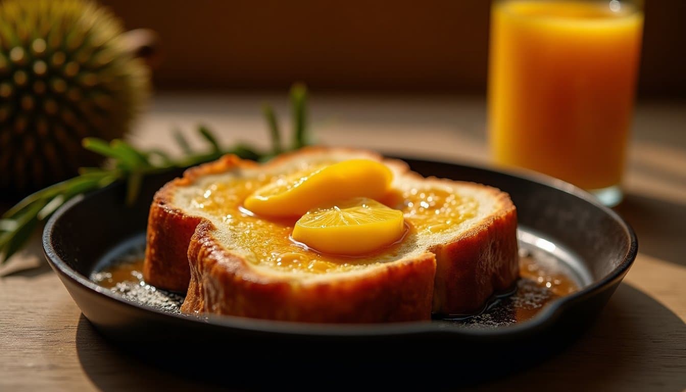 Durian French Toast with Pandan Condensed Milk and Caramelized Banana