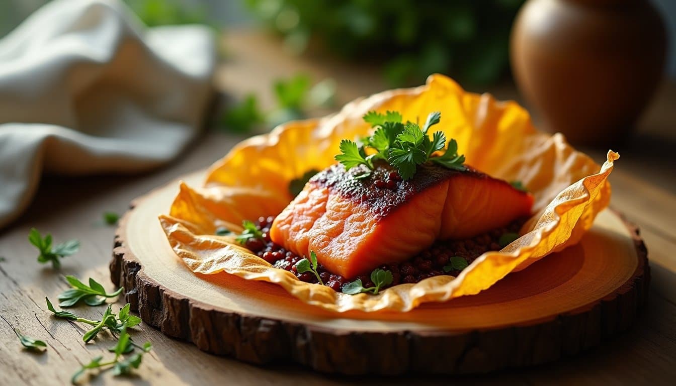 Fermented Black Bean Salmon en Papillote with Asparagus and Ginger Dashi Butter