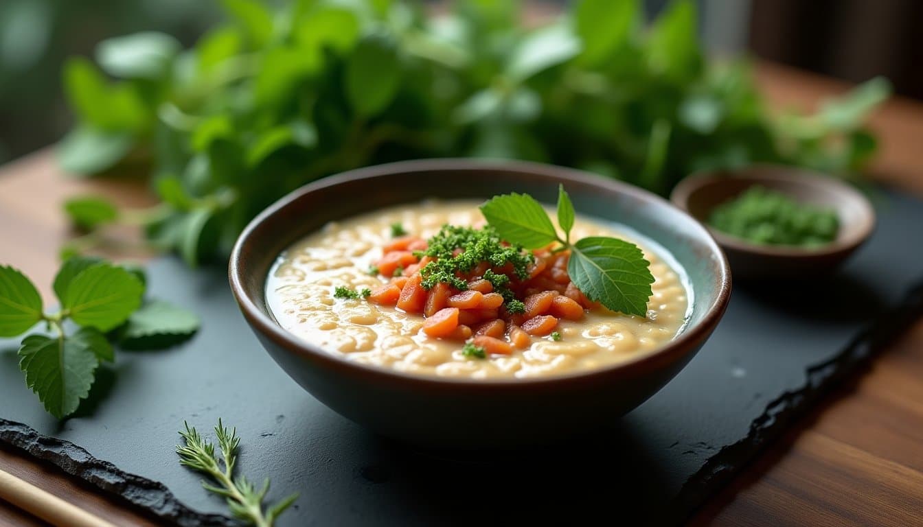 Fermented Oat and Anchovy Congee with Crispy Shallots