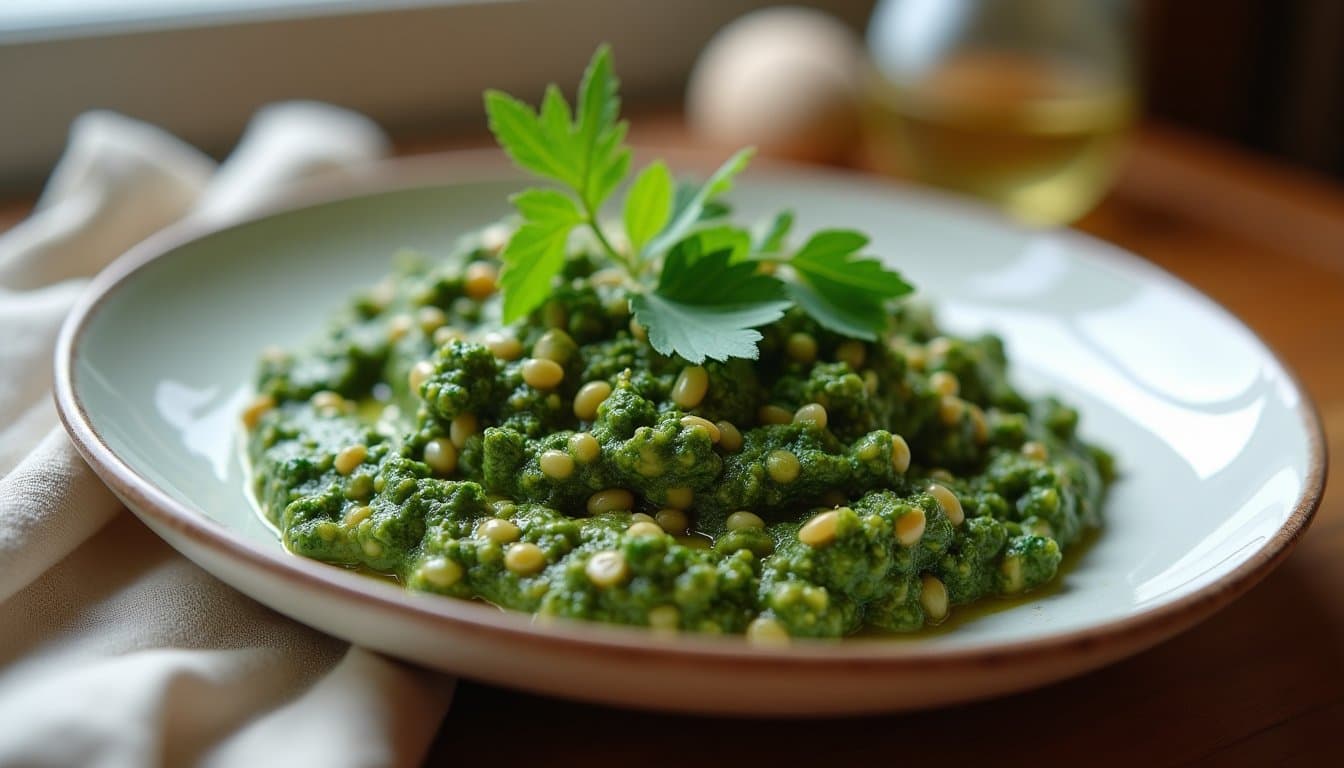 Georgian Foraged Nettle-Walnut Pesto with Wild Garlic and Dehydrated Sulguni