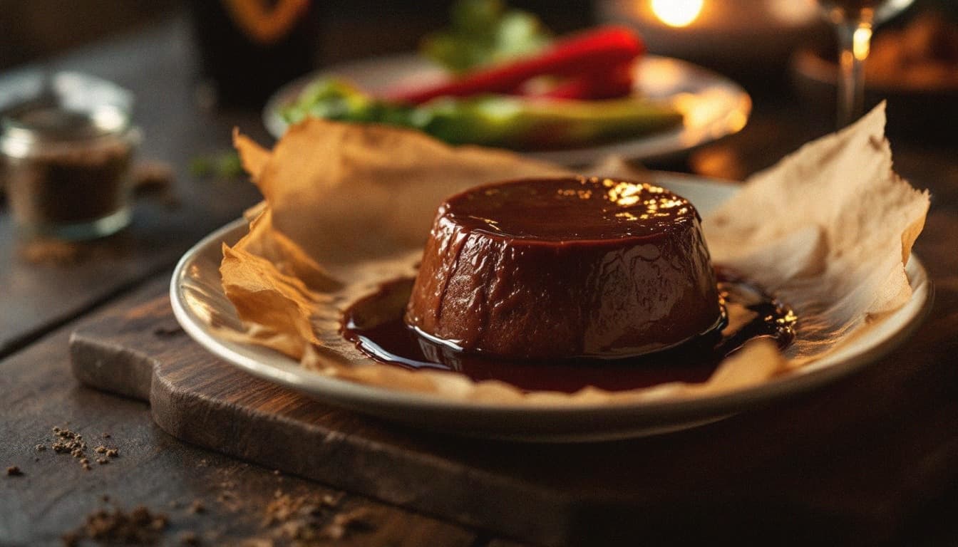 Guinness Chocolate Pudding with Poached Rhubarb, Sour Cream Snow, and Candied Ramps