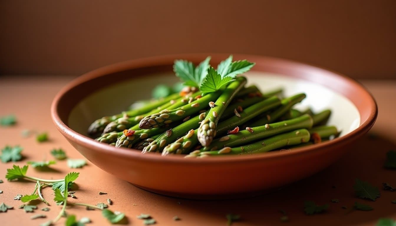 Persian Asparagus Confit with Barberry Glaze, Fenugreek Oil, and Smoked Almonds
