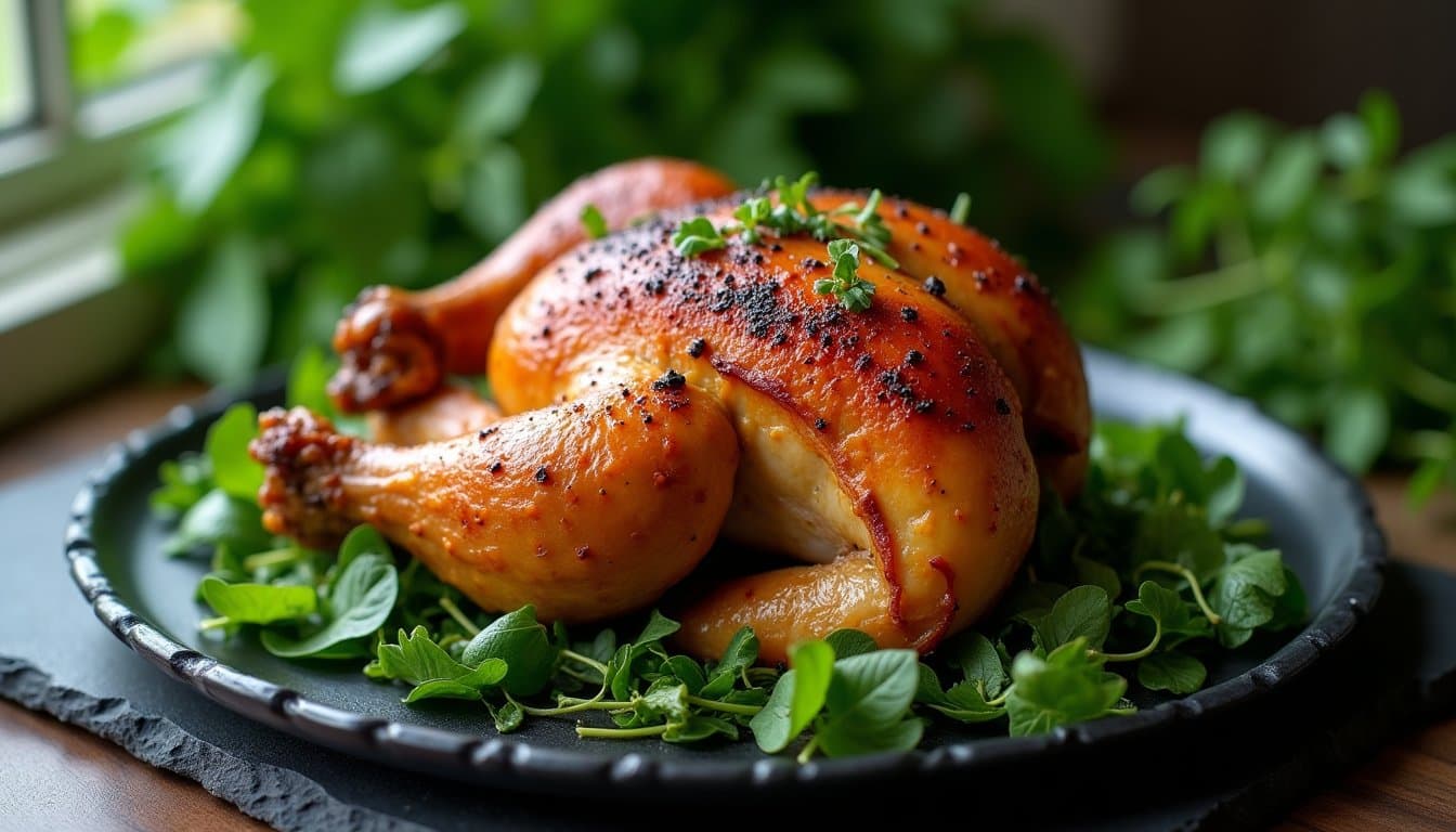 Ramp-Brined Roast Chicken with New Potato Galette and Wild Garlic Jus