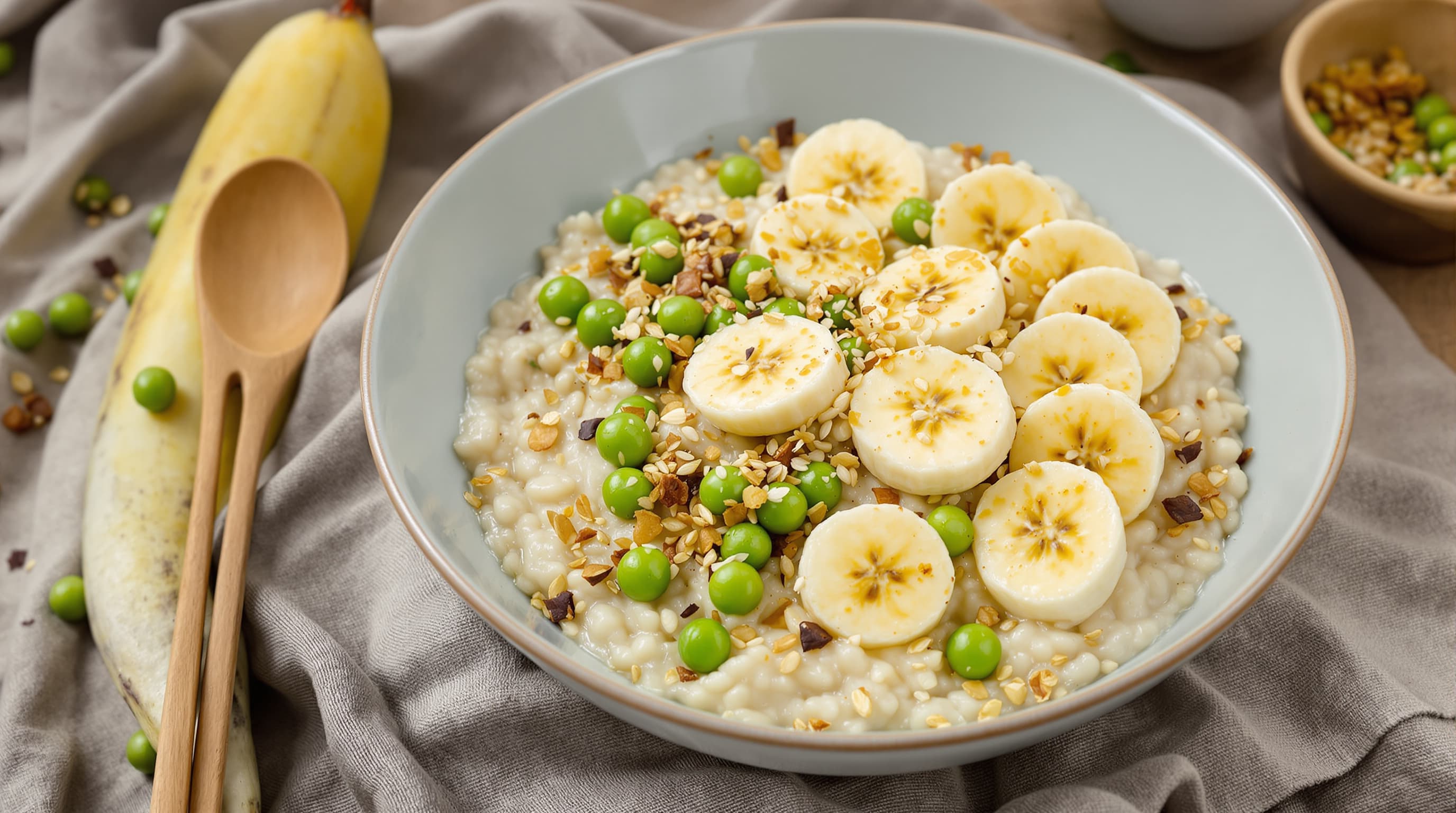 White Miso Banana Porridge with Toasted Sesame Drizzle and Spring Pea Dust