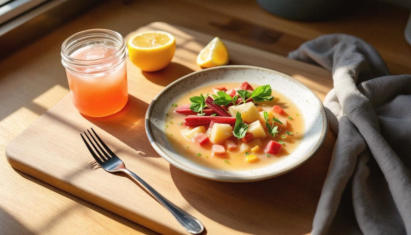 Sous-Vide Rhubarb & Rose Water Kefir Tonic with Spring Pea and Mint