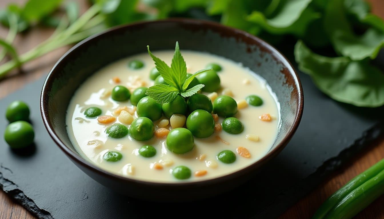 Spring Pea and Coconut Milk Laksa with Ramp Oil and Crispy Shallots