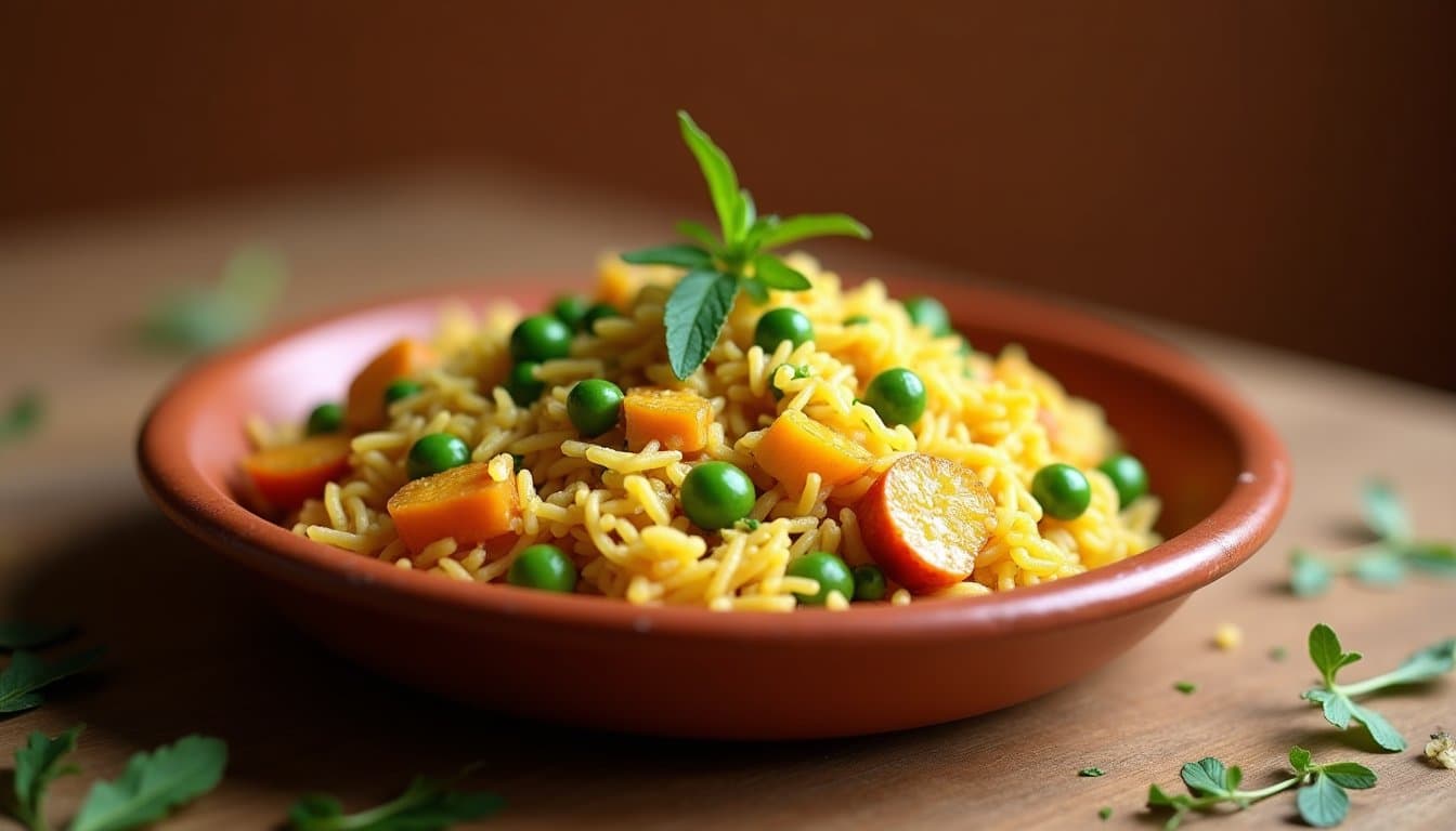 Spring Pea & Paneer Biryani with Ramp Raita and Quick-Pickled Morel Mushrooms