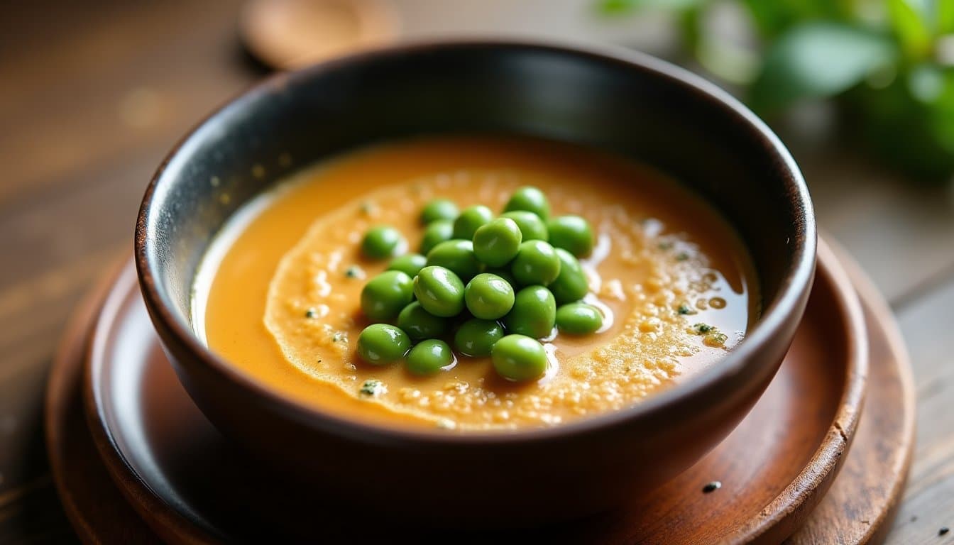 Steamed Spring Pea & Tahini Soup with Za'atar Oil and Preserved Lemon Foam