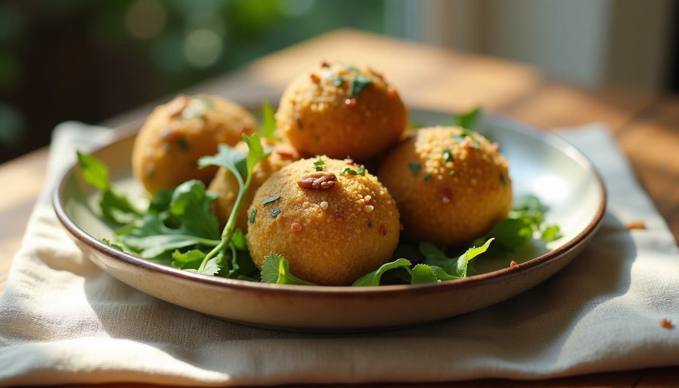 Stinging Nettle & Walnut Pkhali Bites with Pomegranate and Wild Herb Oil