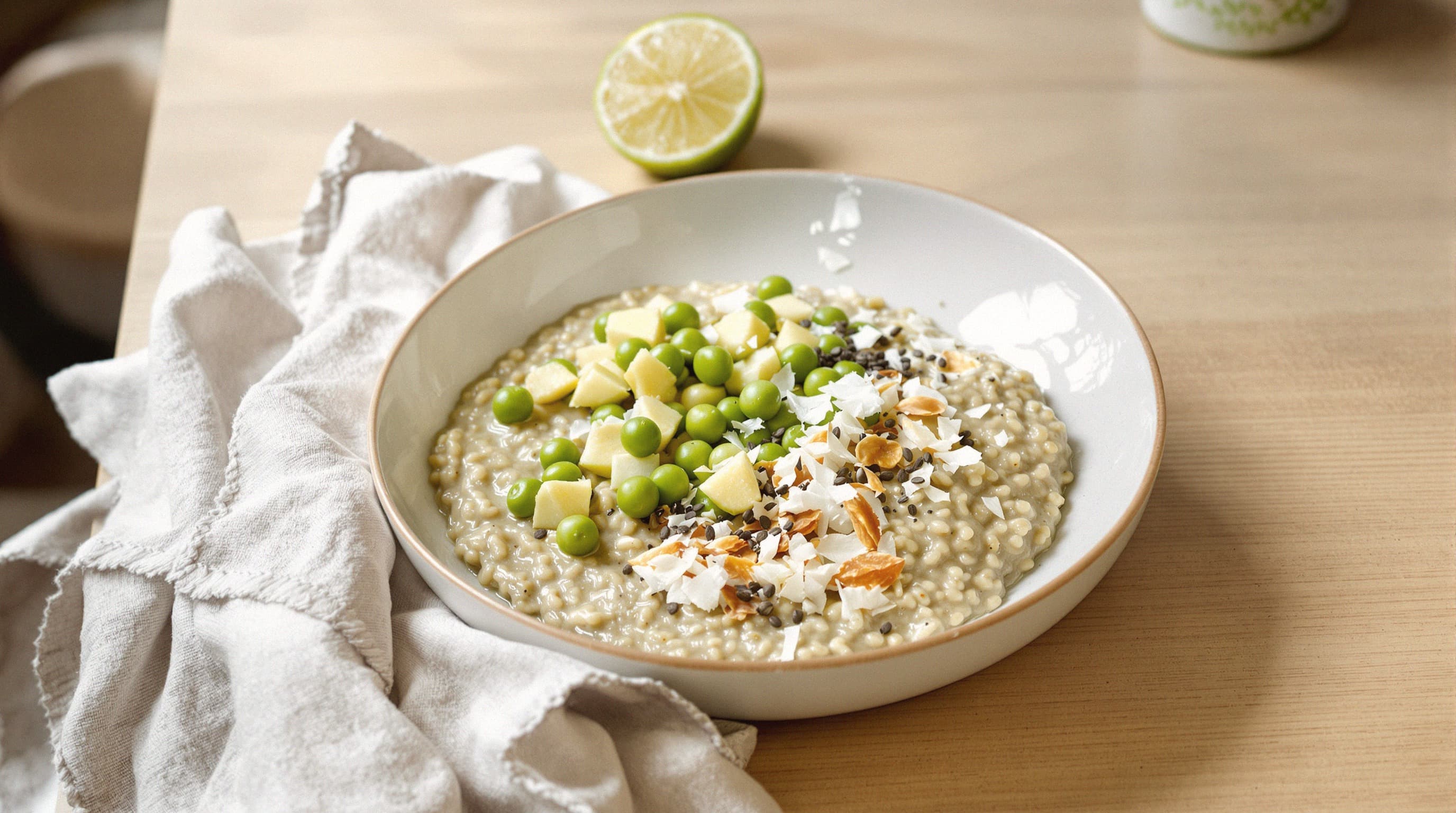 Thai Green Pea Overnight Oats with Coconut, Cardamom, and Lime