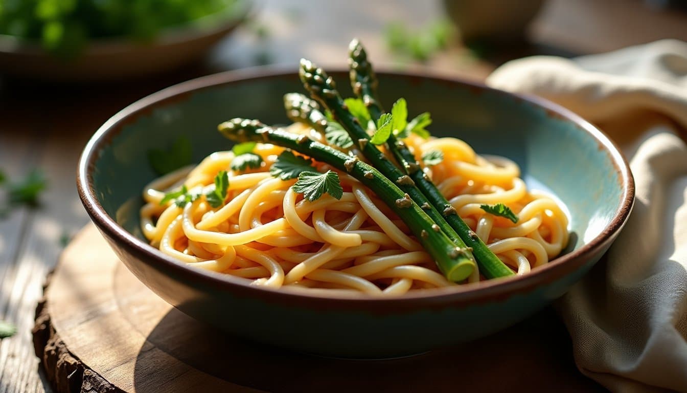 White Miso Braised Asparagus Ramen with Soft-Boiled Egg and Nori