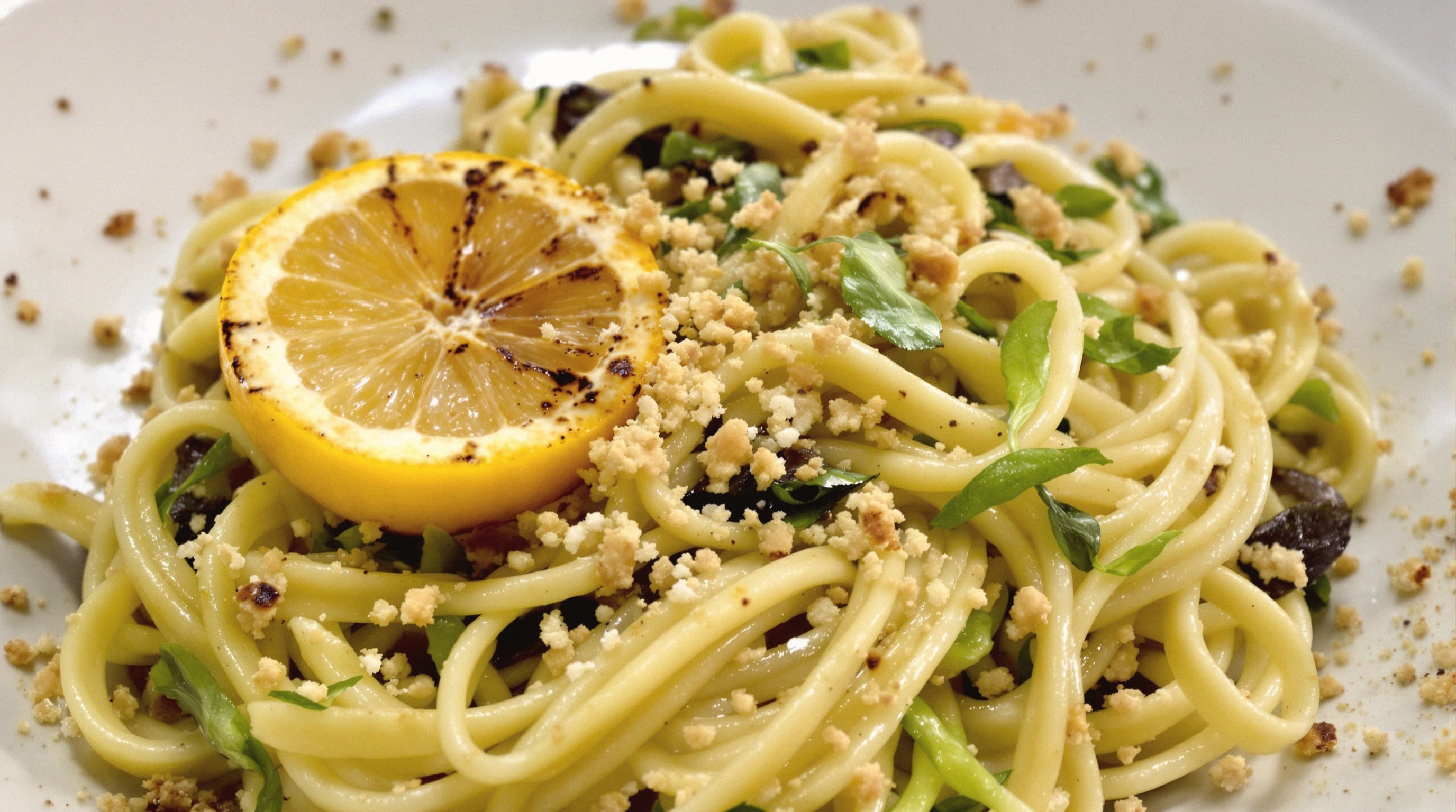 Wild Garlic and Anchovy Pasta with Toasted Breadcrumbs and Charred Lemon