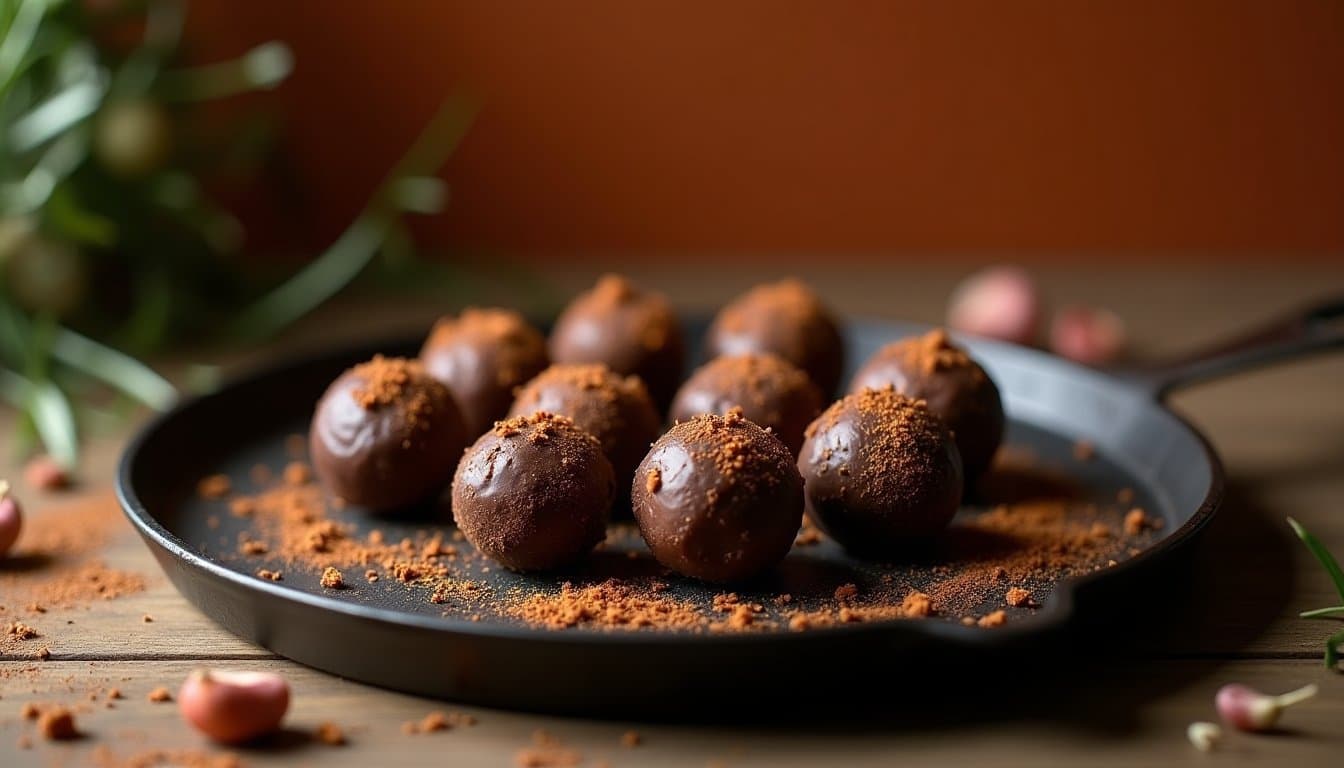 Wild Garlic Dark Chocolate Truffles with Tahini and Fleur de Sel